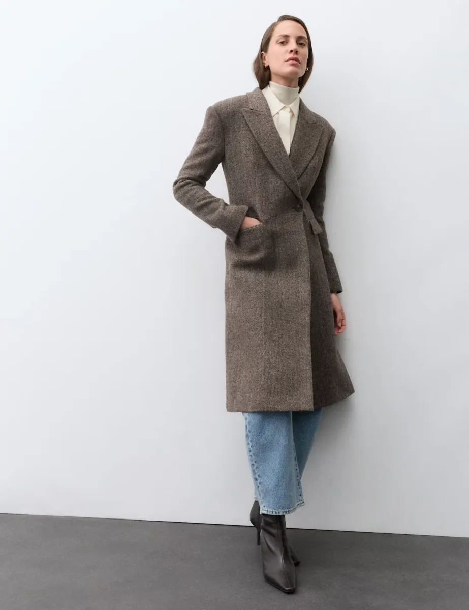 Wool Rich Herringbone Tailored Coat Brown Mix