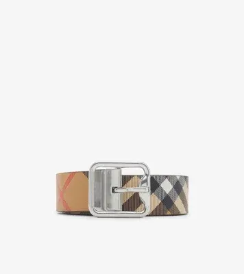 Reversible Check B Buckle Belt in Sand beige/military brown/silver