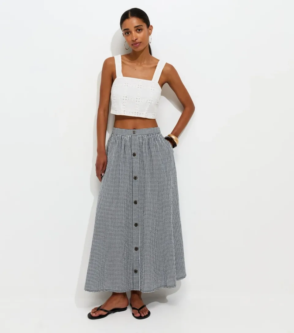 Women's Black Gingham Button Through Midi Skirt
