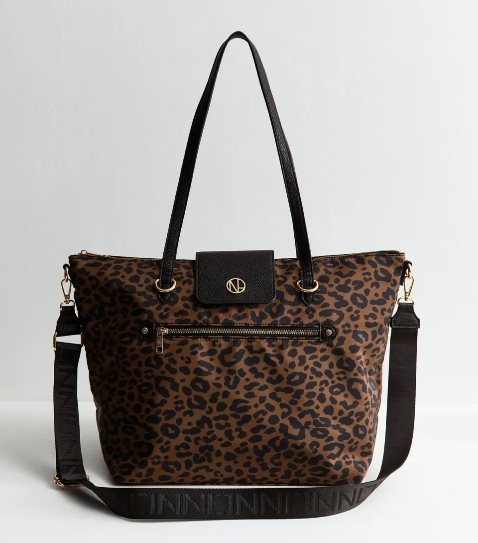 Brown Fabric Leopard Print Zip Top Tote Bag