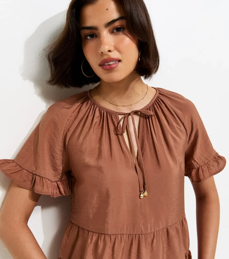 Women's Light Brown Tiered Tie Neck Top