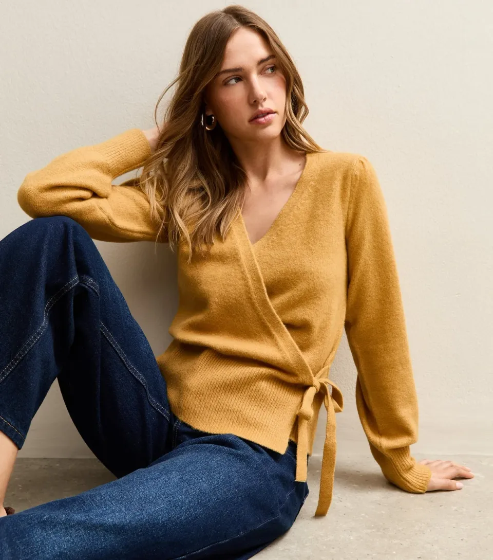 Women's Dark Yellow Puff Sleeve Wrap Jumper
