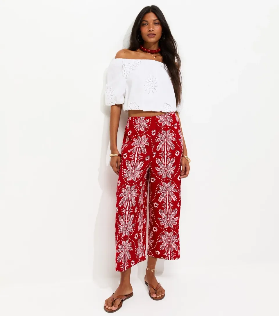 Women's Red Crepe Patterned Palm Tree Print Cropped Trousers