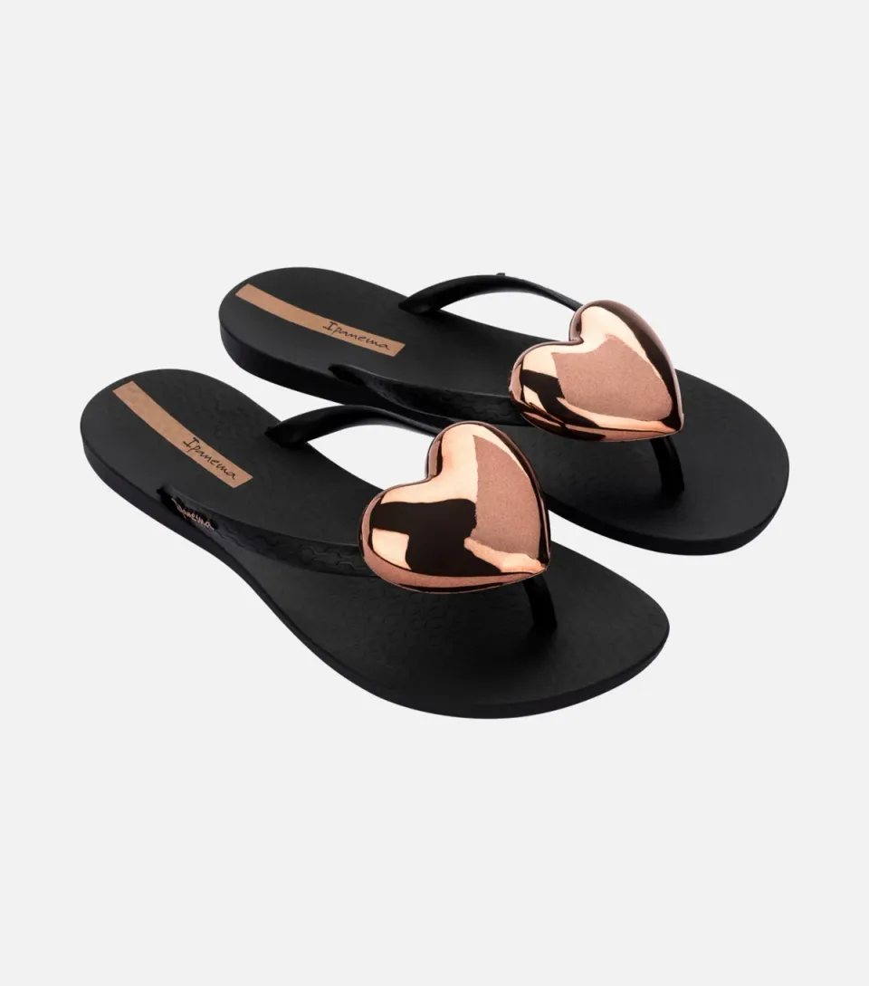 Women's Black Rose Gold Heart Buckle Flip Flops