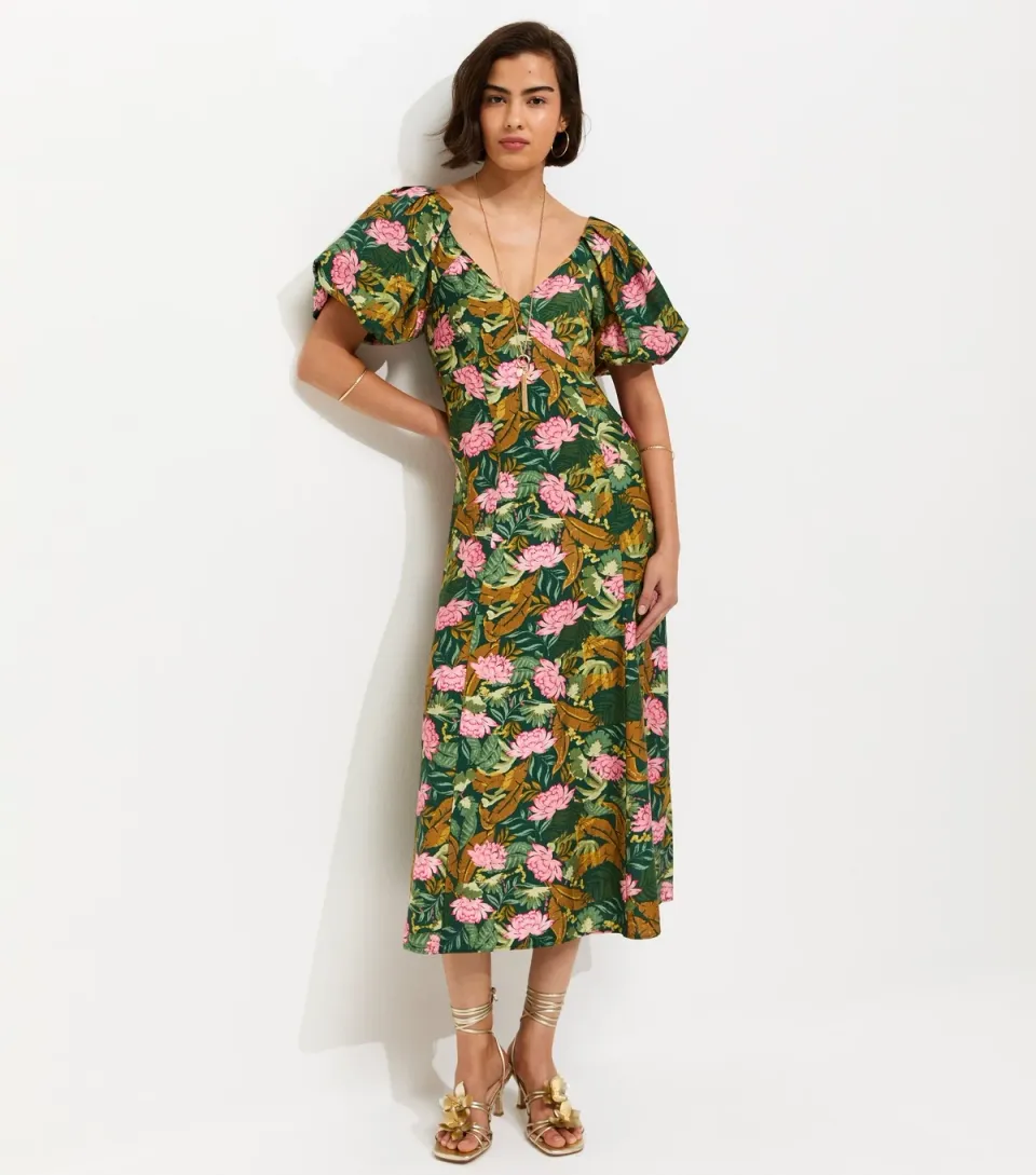 Women's Green Lotus Print Puff Sleeve Midi Dress