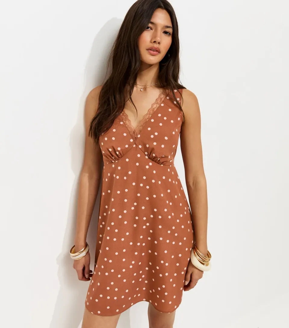 Women's Brown Polka Dot Lace Trim Sleeveless Mini Dress