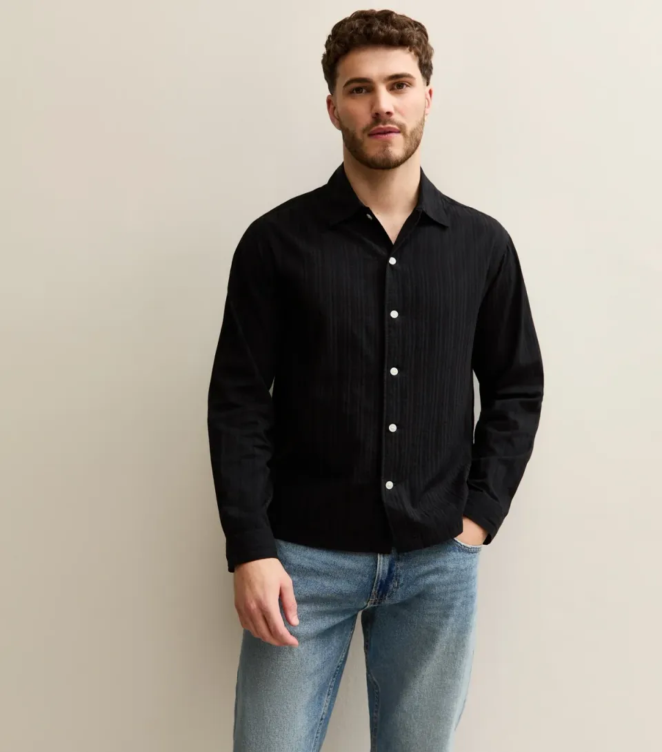Men's Black Regular Striped Cotton Shirt