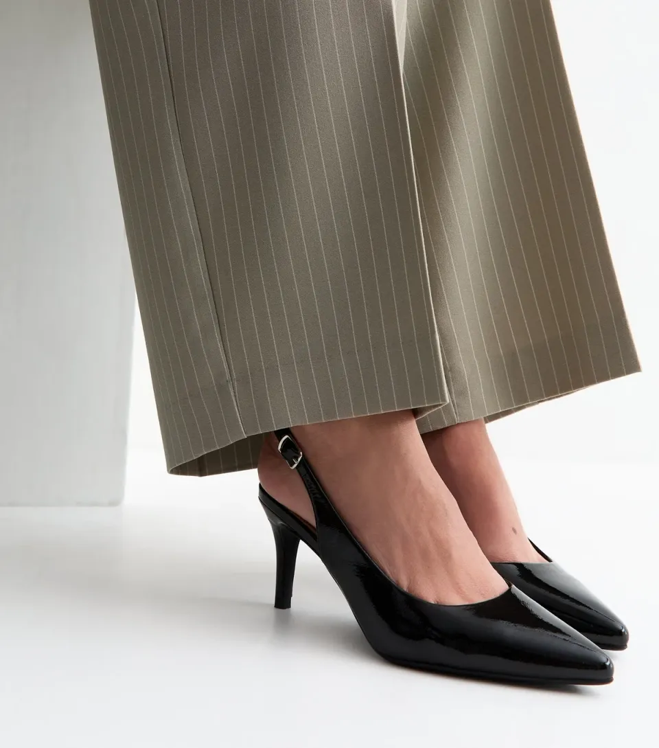 Women's Black Patent Faux Leather Pointed Toe Slingback Pumps Vegan