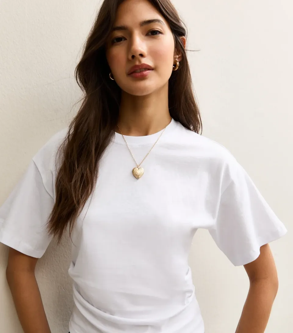 Women's White Ruched Waist Crew Neck T-Shirt