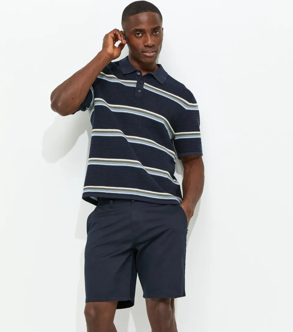 Men's Navy Striped Knit Polo Jumper