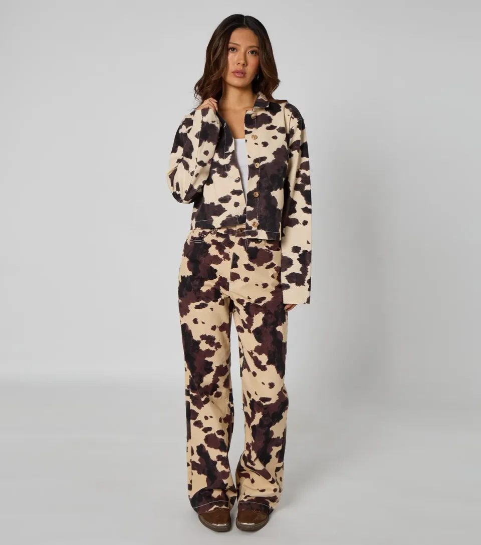 Women's Brown Cow Print Wide Leg Jeans
