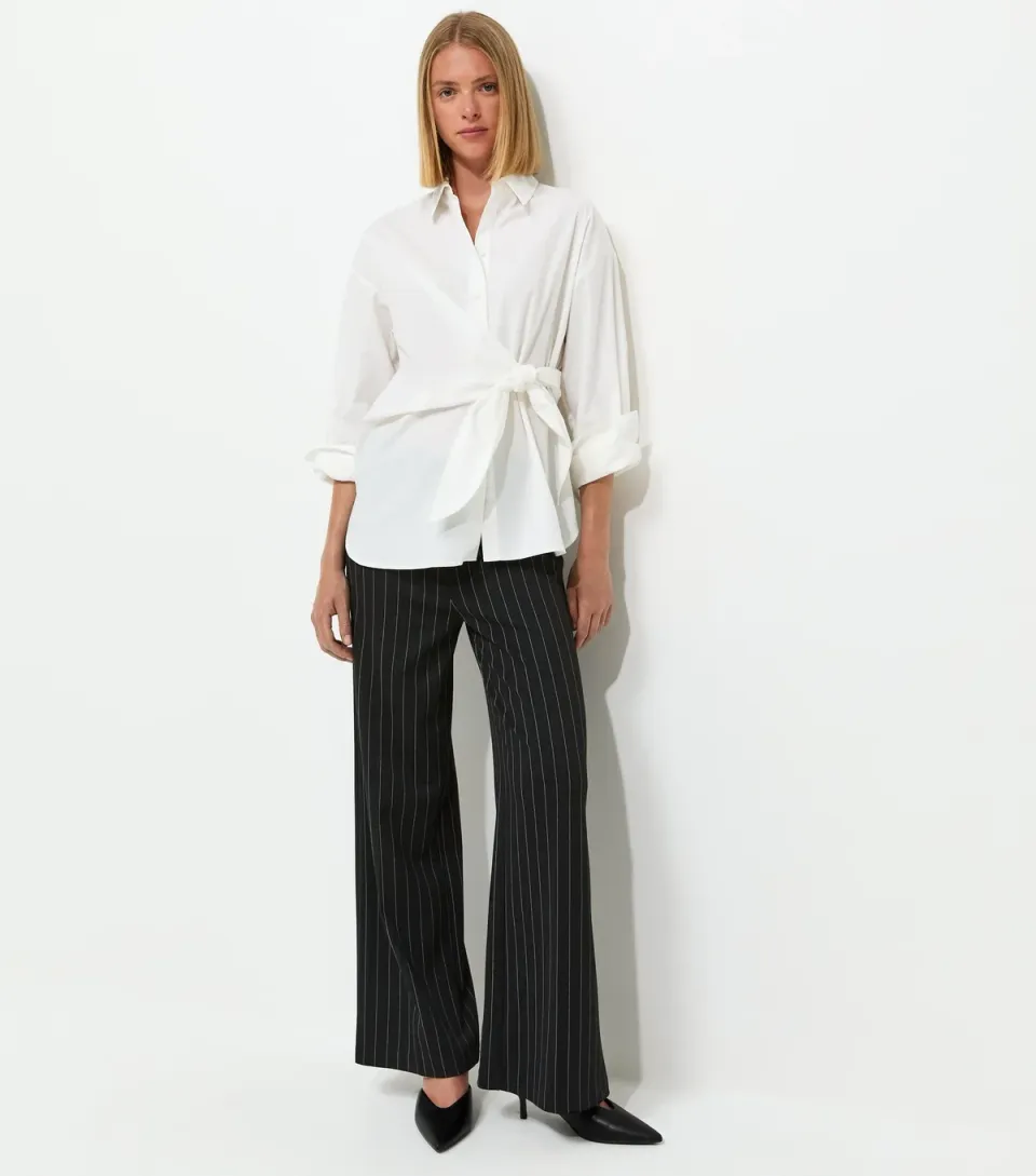 Women's Black Pinstripe Wide Leg Tailored Trousers