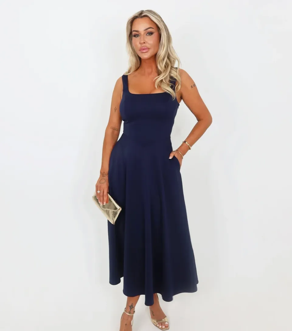 Women's Navy Square A-Line Midi Dress