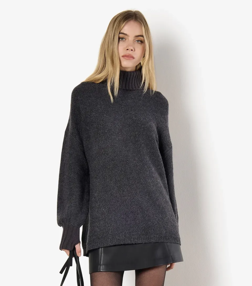 Women's Dark Grey Roll Neck Tunic Jumper