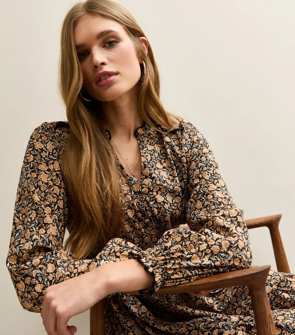 Women's Yellow Floral Long Sleeve Mini Dress