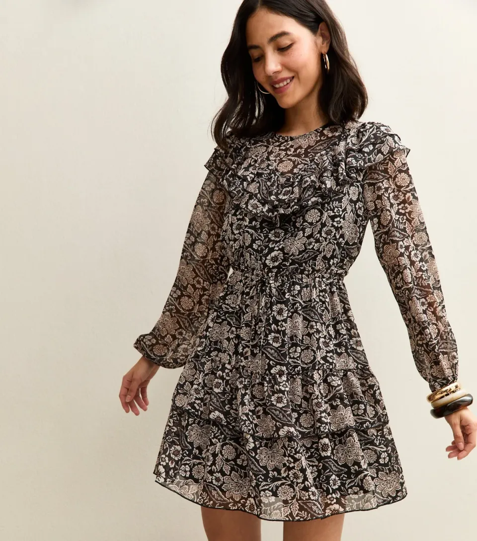 Women's Black Floral Print Ruffled Long Sleeve Mini Dress