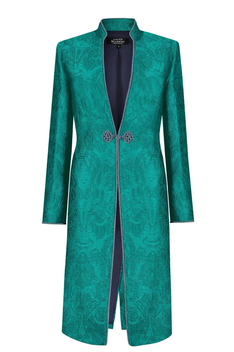 Peacock Dress Coat in Winter Brocade with Cord Trim and Frogging - Vicky (Longer Length)