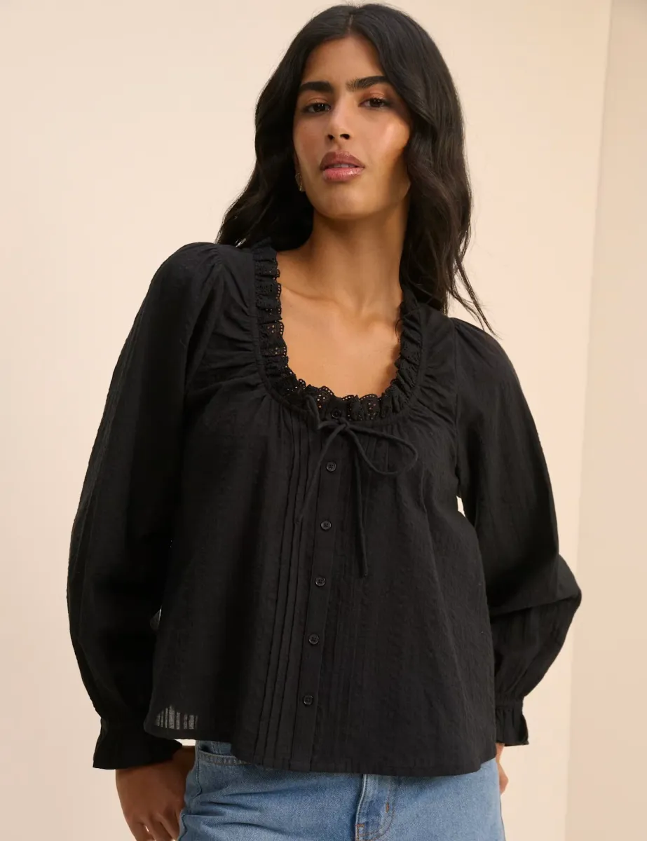 Pure Cotton Broderie Scoop Neck Blouse