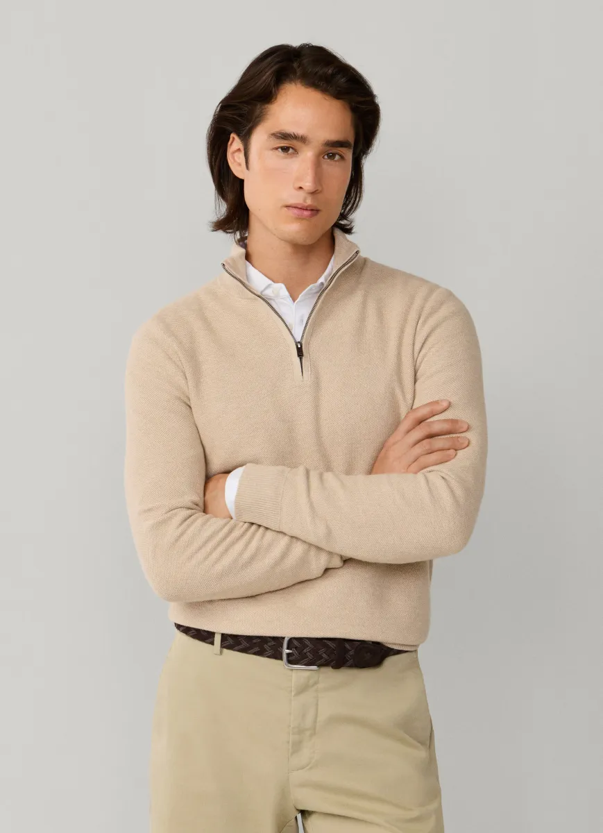 Cashmere Blend Honeycomb Quarter Zip Jumper