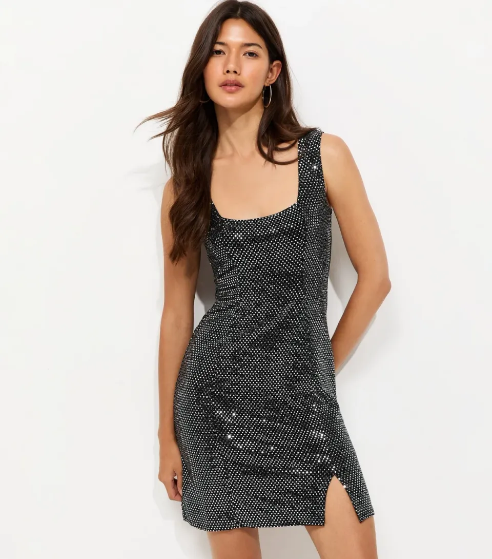 Women's Black Sequin Square Neck Mini Dress