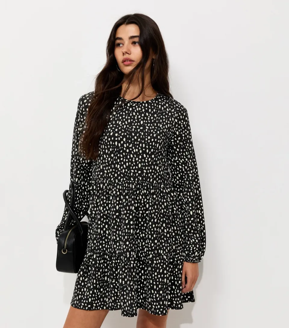 Women's Black Abstract Pattern Crinkle Texture Mini Smock Dress