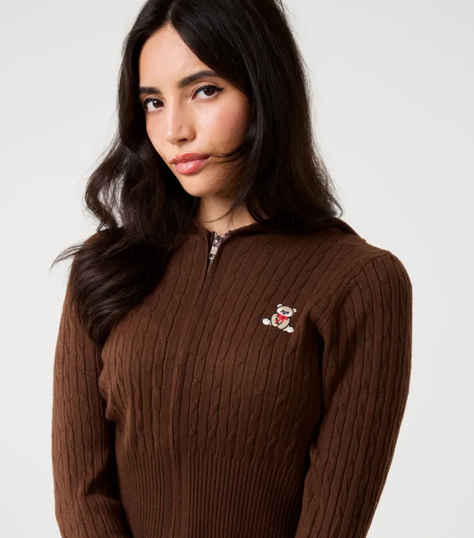 Women's Brown Teddy Embroidered Cable Knit Hoodie