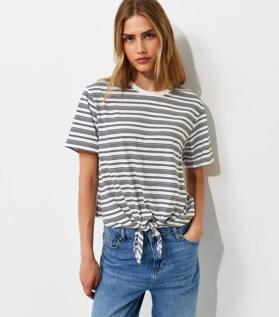 Women's Blue Cotton Horizontal Stripe Tie Front T-Shirt