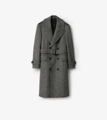 Long Herringbone Wool Trench Coat in Coal grey/light thistle grey
