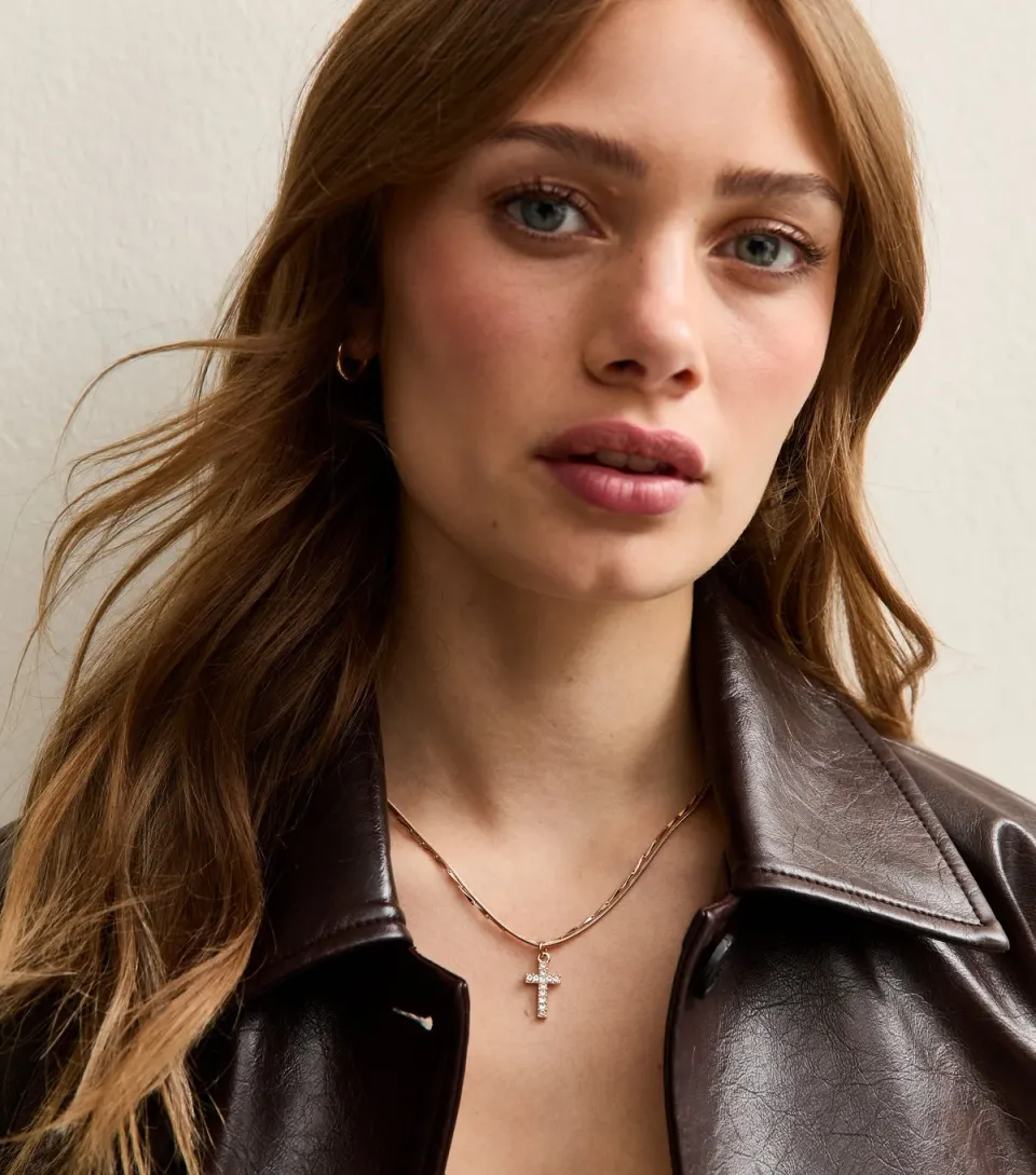 Gold Tone 2-Layer Diamante Cross Pendant Necklace