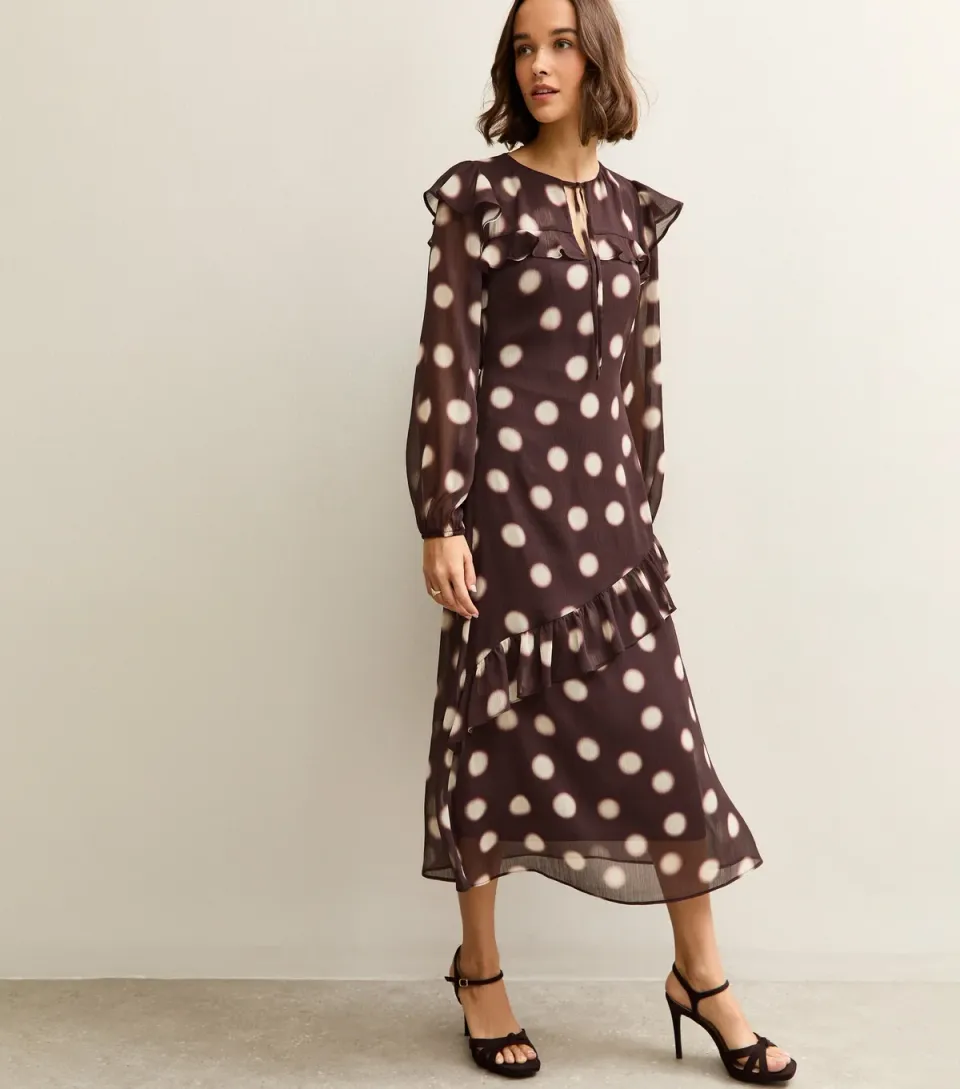 Women's Brown Chiffon Blurred Polka Dot Midi Dress