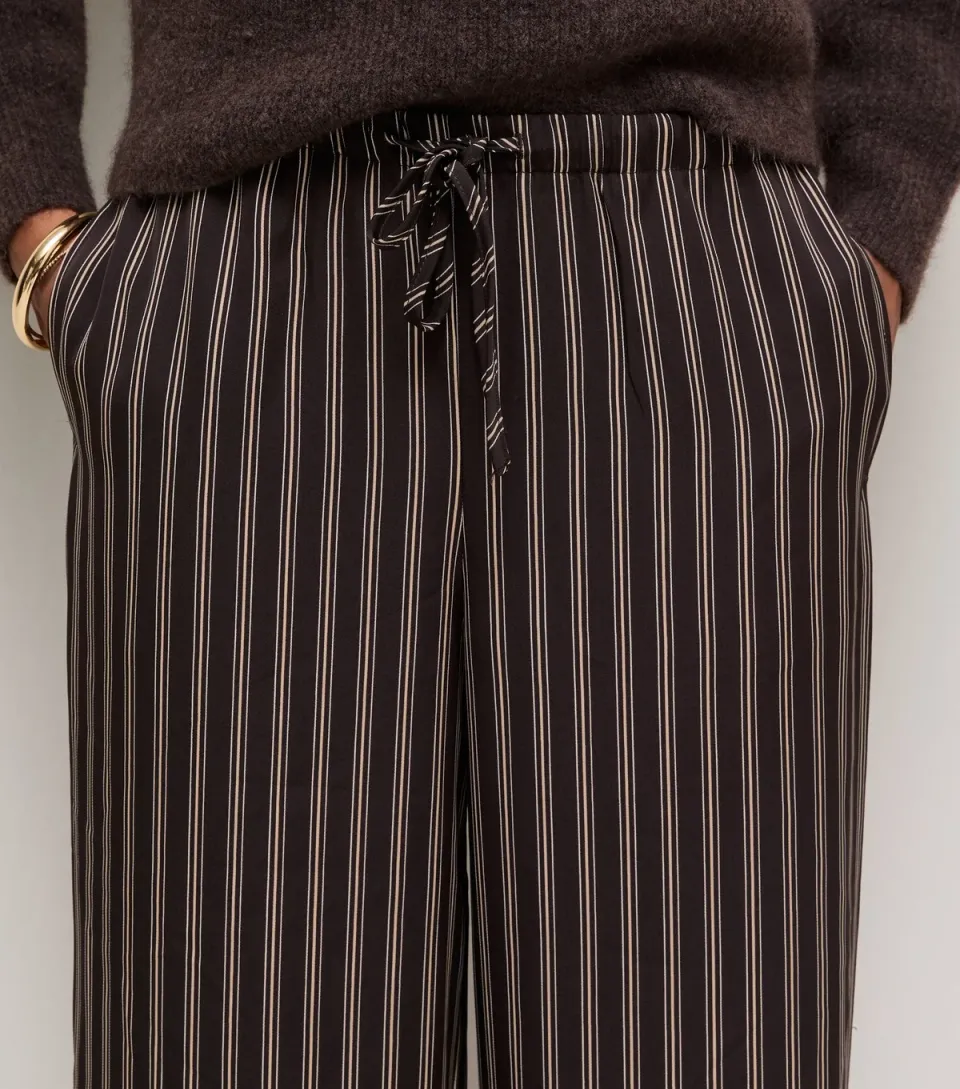 Women's Brown Striped Wide Leg Drawstring Trousers