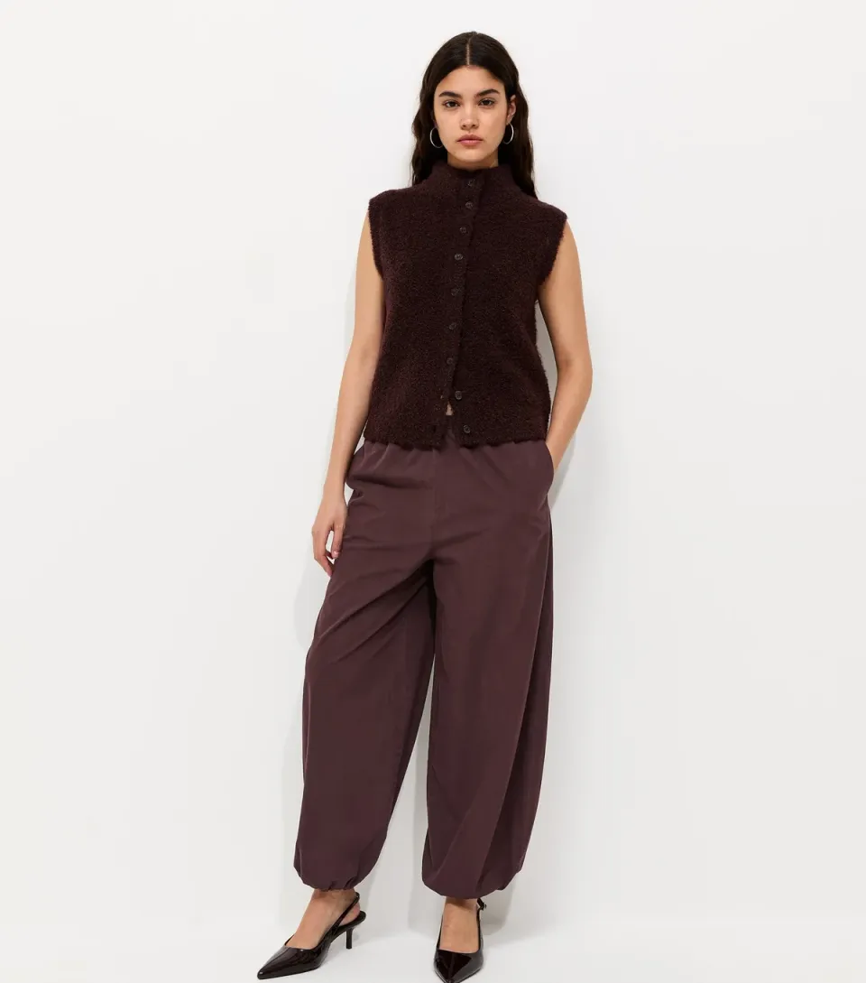 Women's Dark Brown Cotton Cuffed Wide Leg Trousers