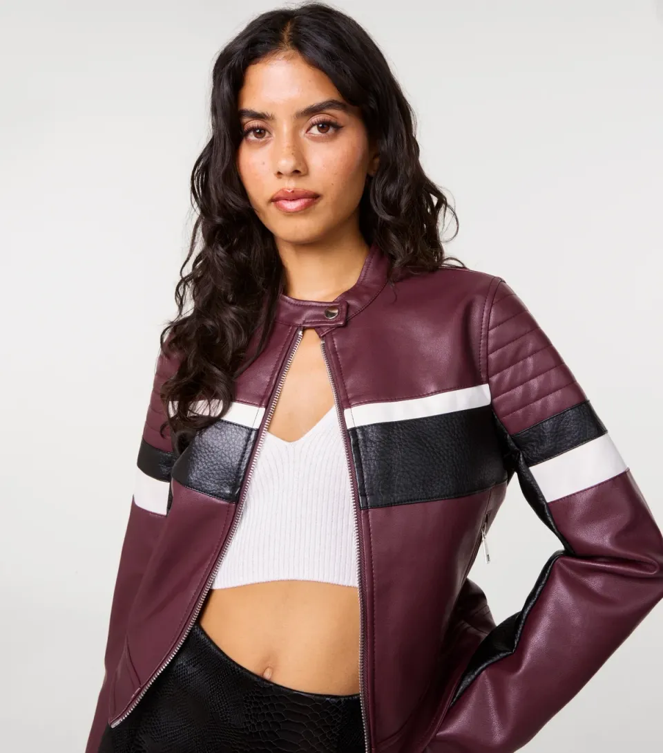 Women's Dark Burgundy Faux Leather Motocross Racing Jacket