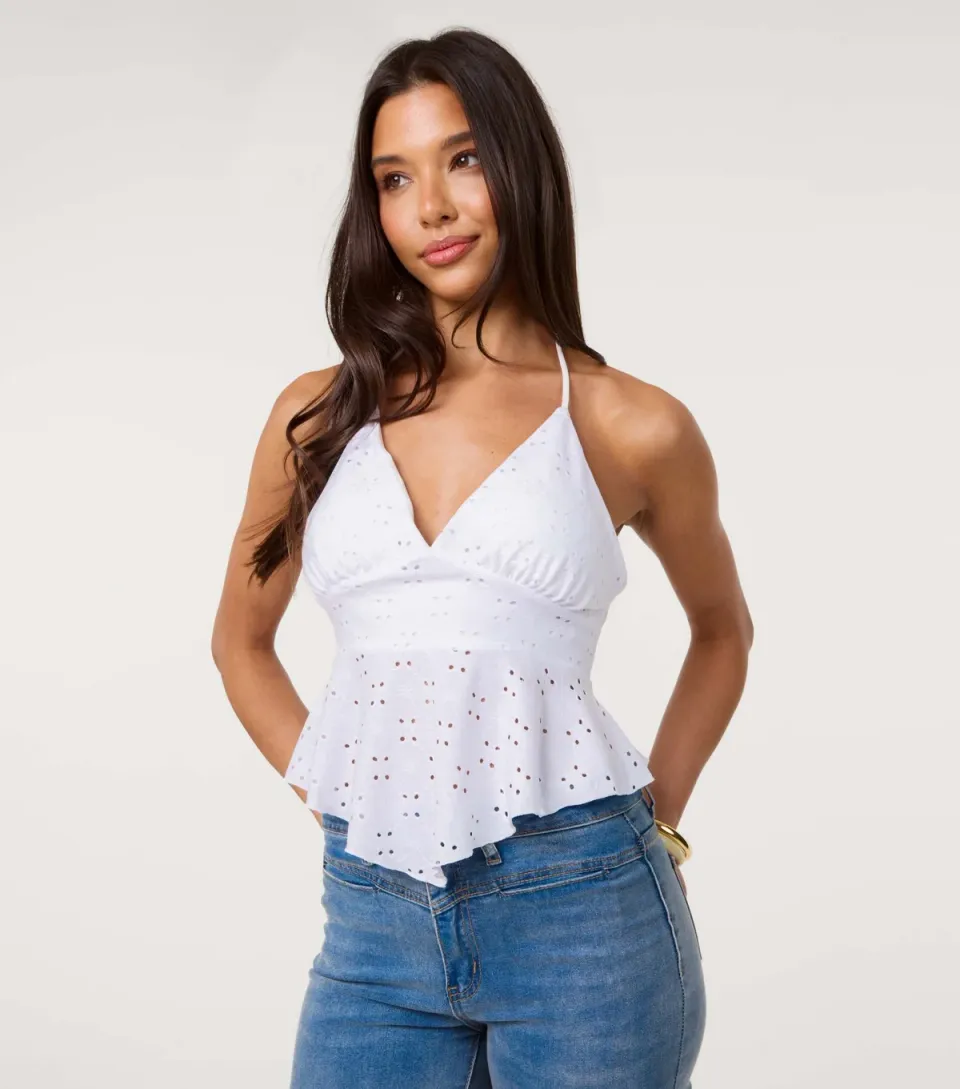 Women's Off White Broiderie Anglaise Halterneck Top