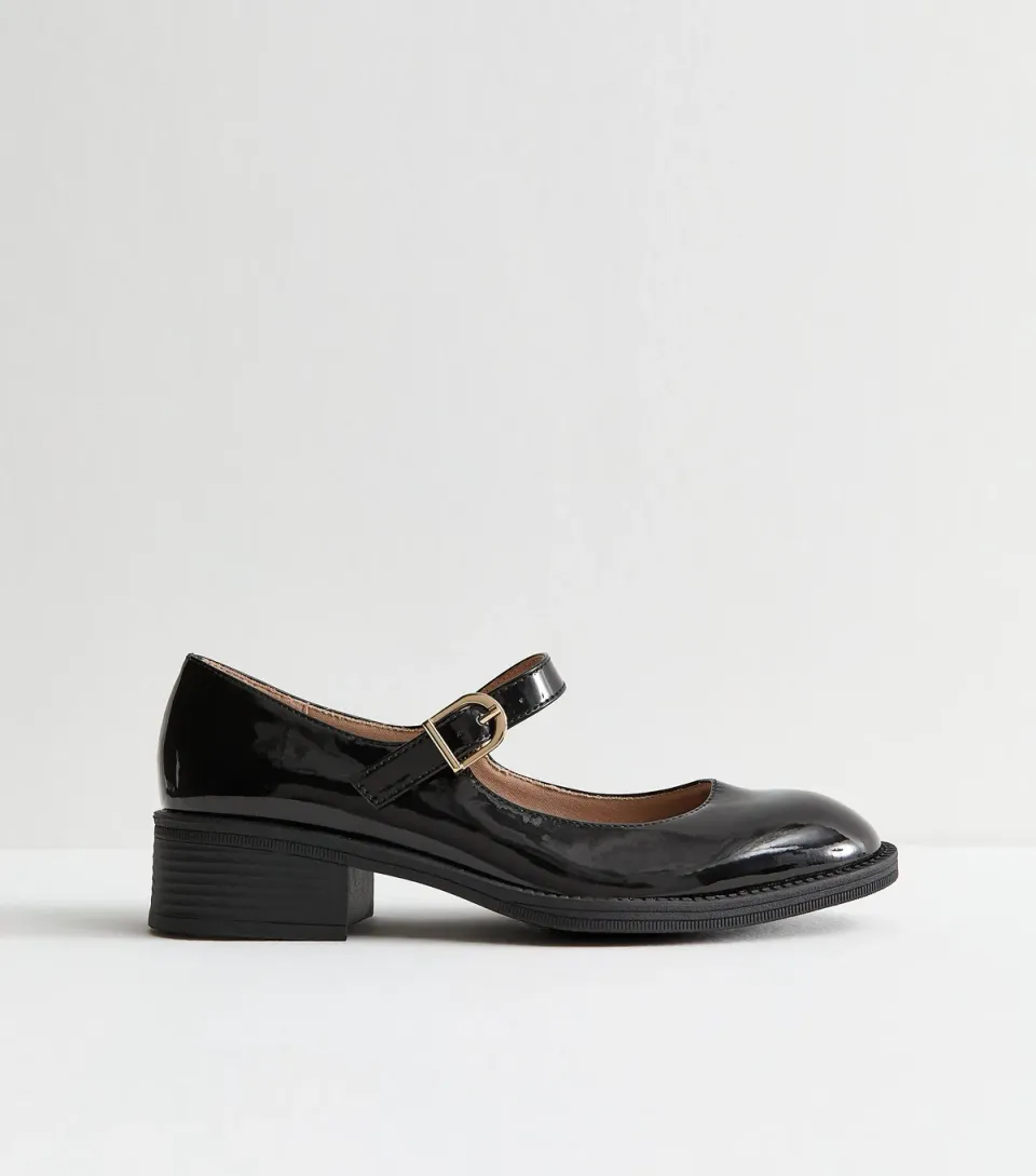 Women's Wide Fit Black Faux Patent Mary Jane Shoes Vegan