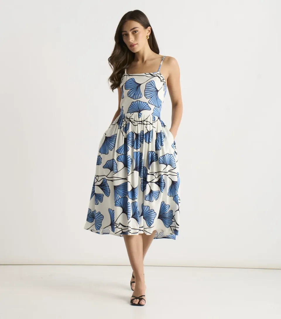 Women's Blue Floral Print Cami Midi Dress