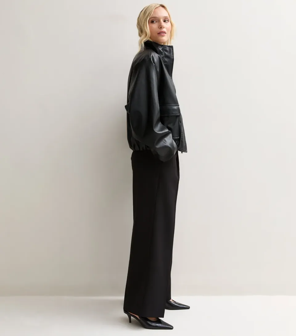 Women's Petite Black Pull On Wide Leg Trousers