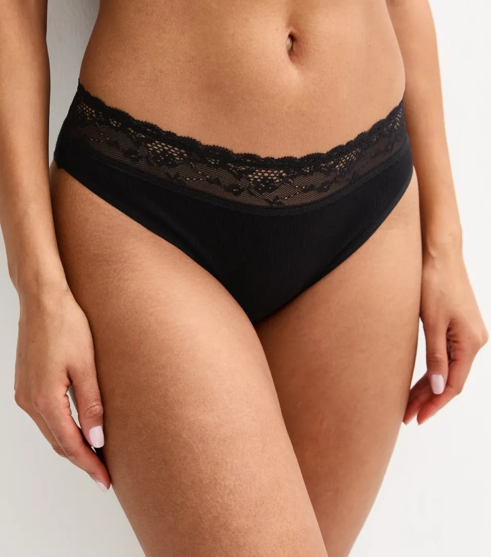 Women's Black Ribbed Cotton Lace Trim Brazilian Briefs