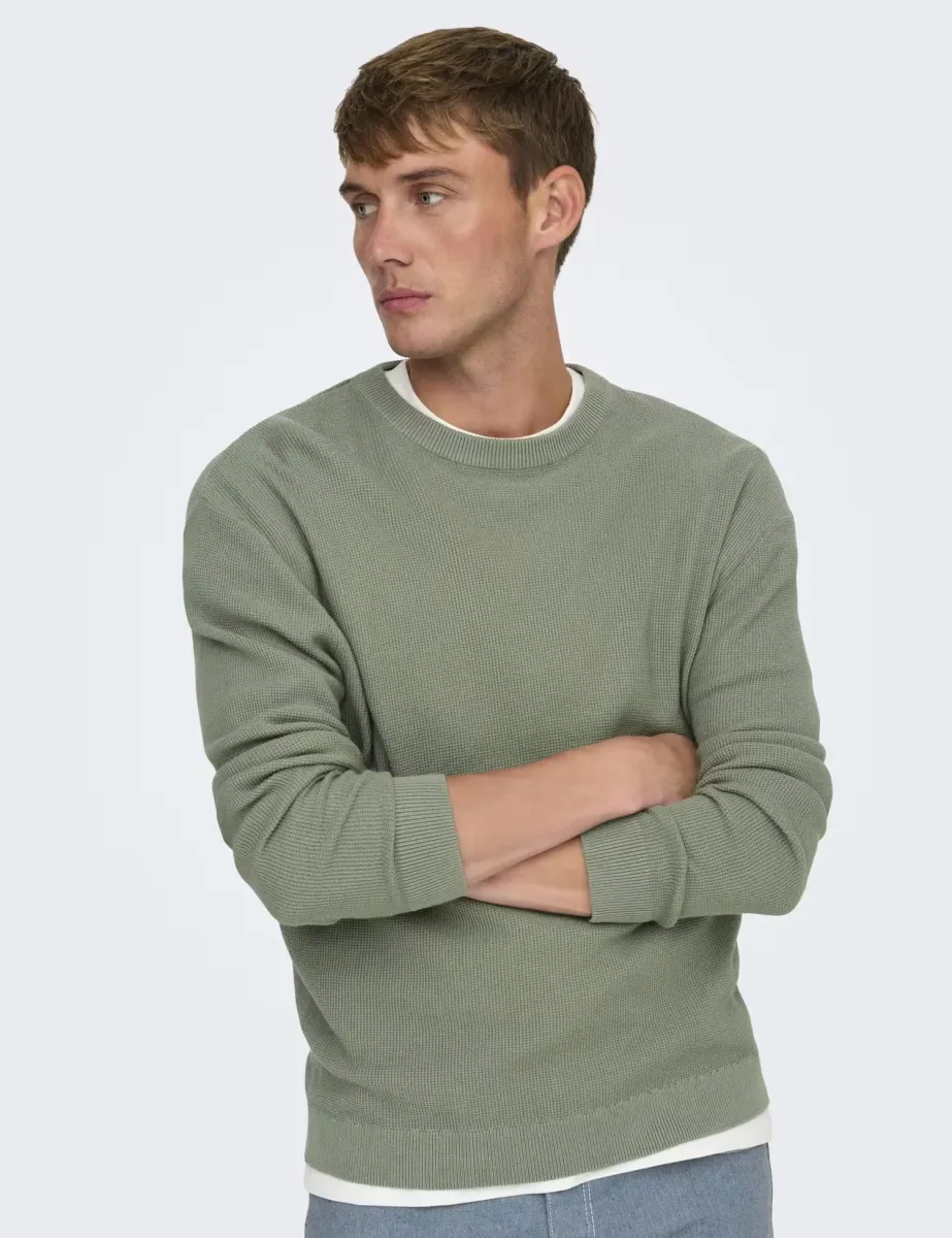 Pure Cotton Waffle Knitted Long Sleeve Top Grey