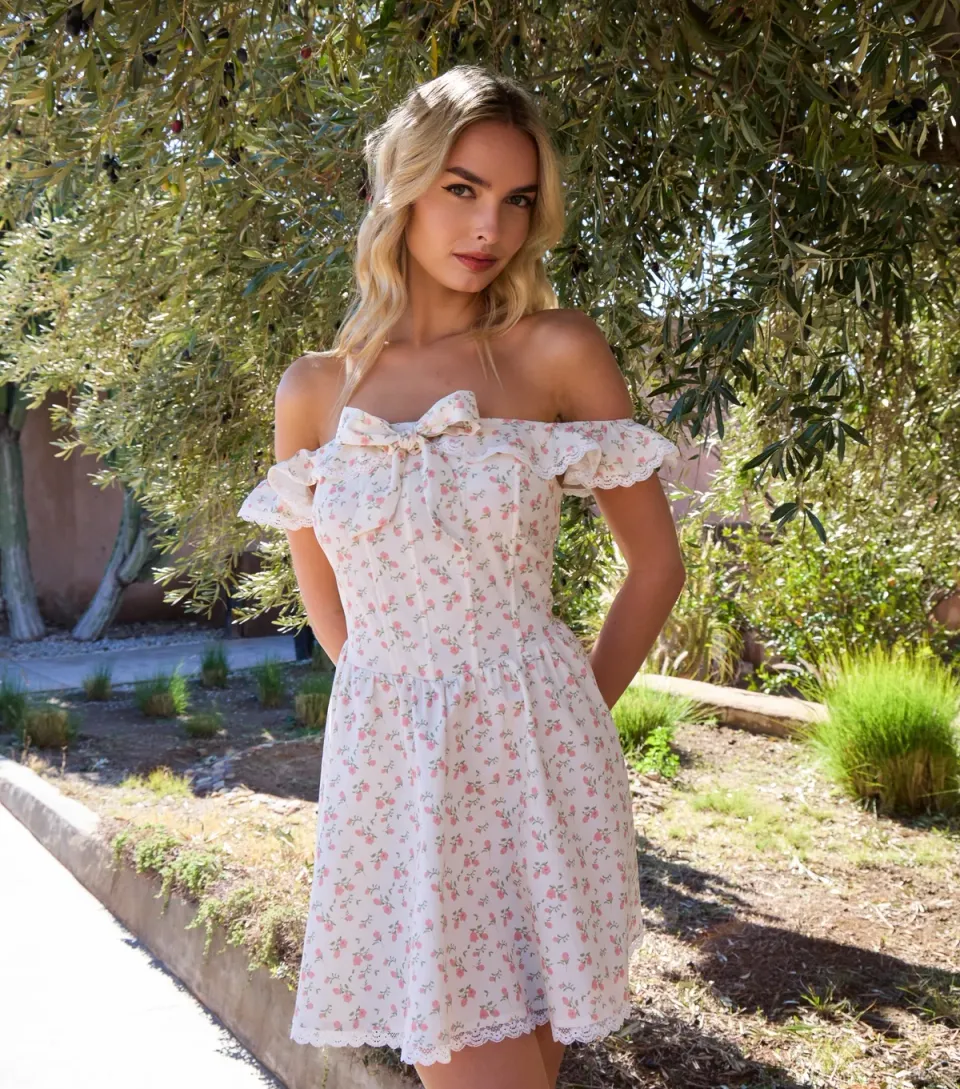 Women's Cream Off The Shoulder Floral Mini Dress
