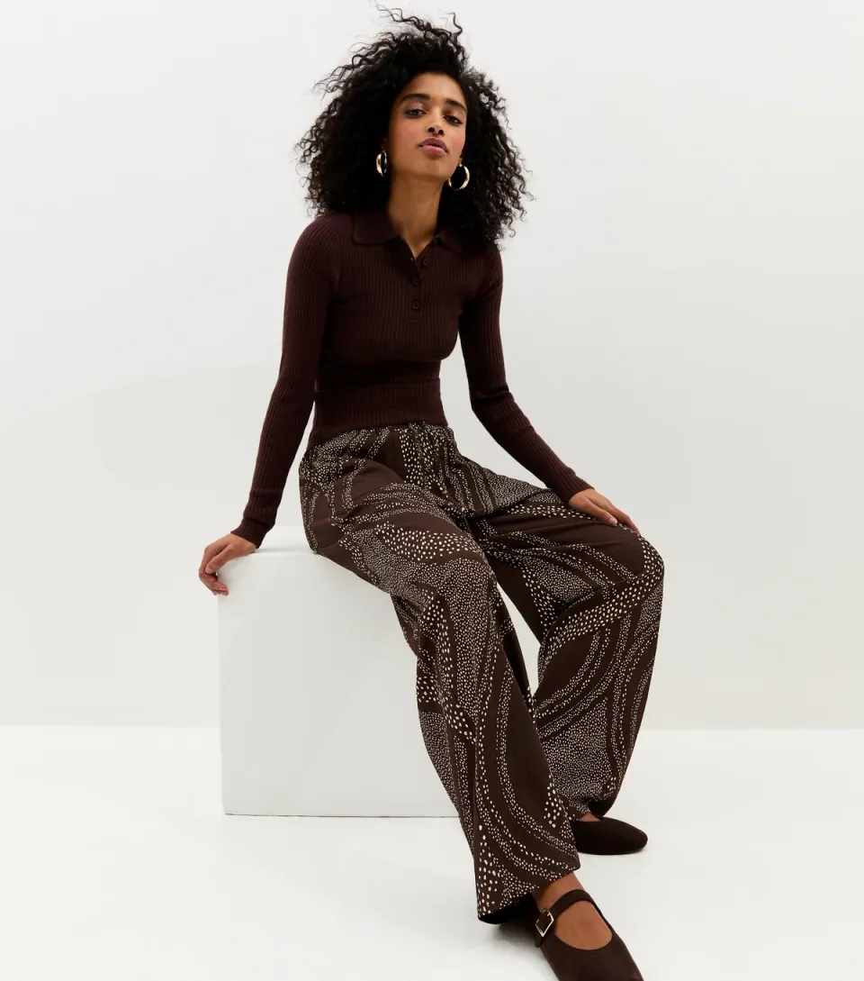 Women's Dark Brown Swirly Print Wide Leg Trousers