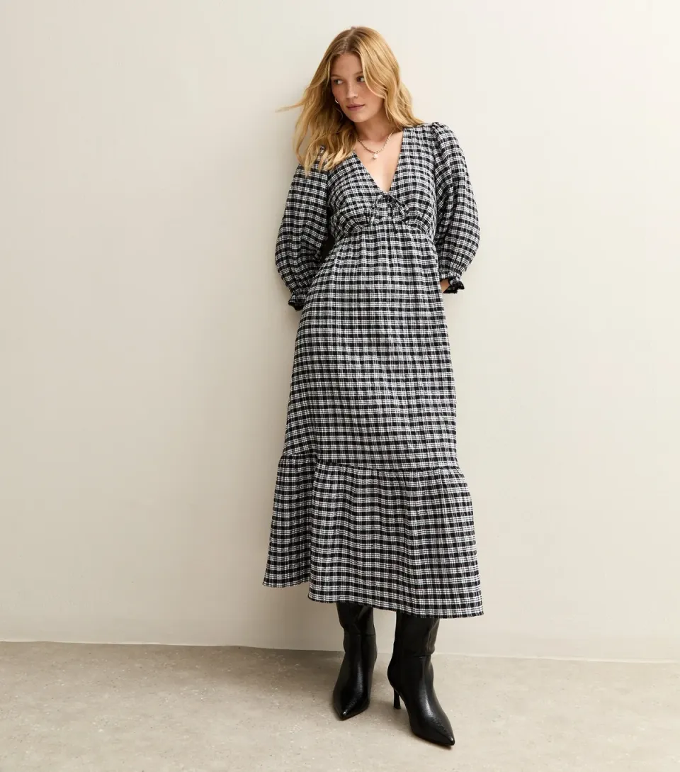 Women's Black Checked Midi Dress