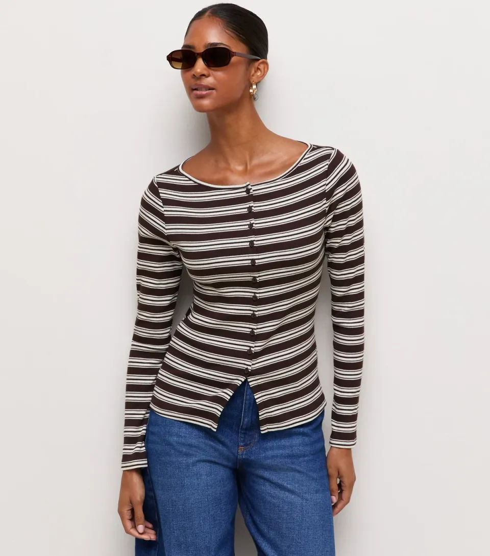 Women's Brown Cotton Rich Striped Long Sleeve Button Front Ribbed Top