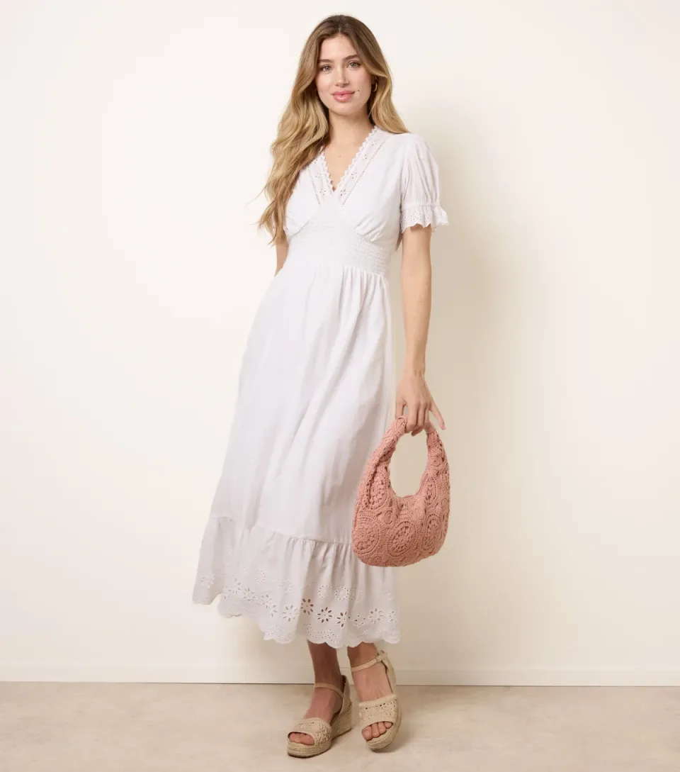 Women's Off White Cotton Broderie Anglaise Midi Dress