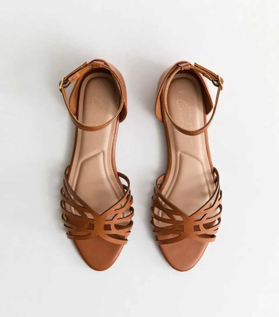 Women's Tan Faux Leather Cut Out Strap Flat Sandals Vegan