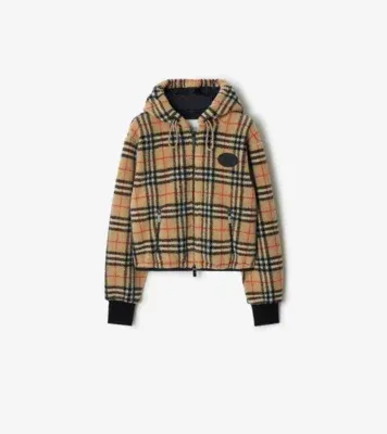Cropped Check Fleece Hooded Jacket in Sand beige
