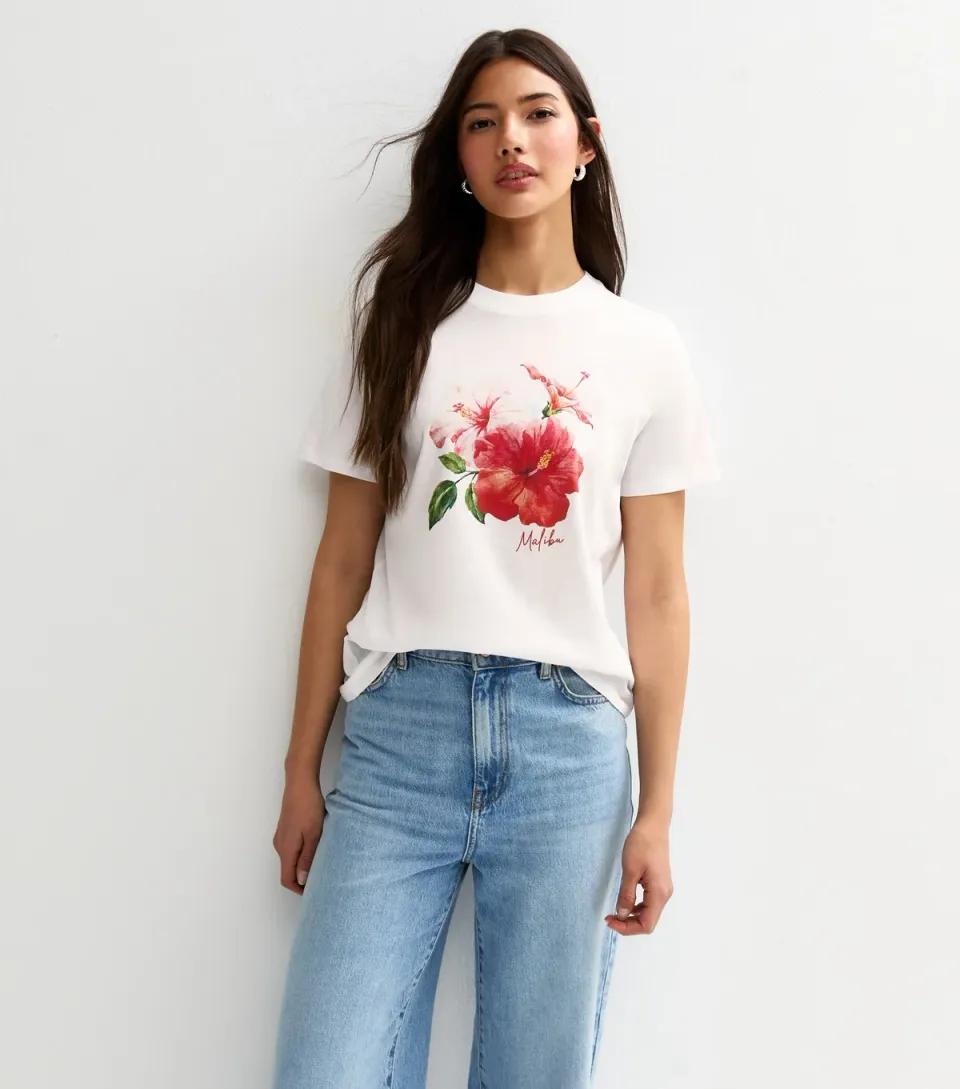 Women's White Flower Print Relaxed T-Shirt
