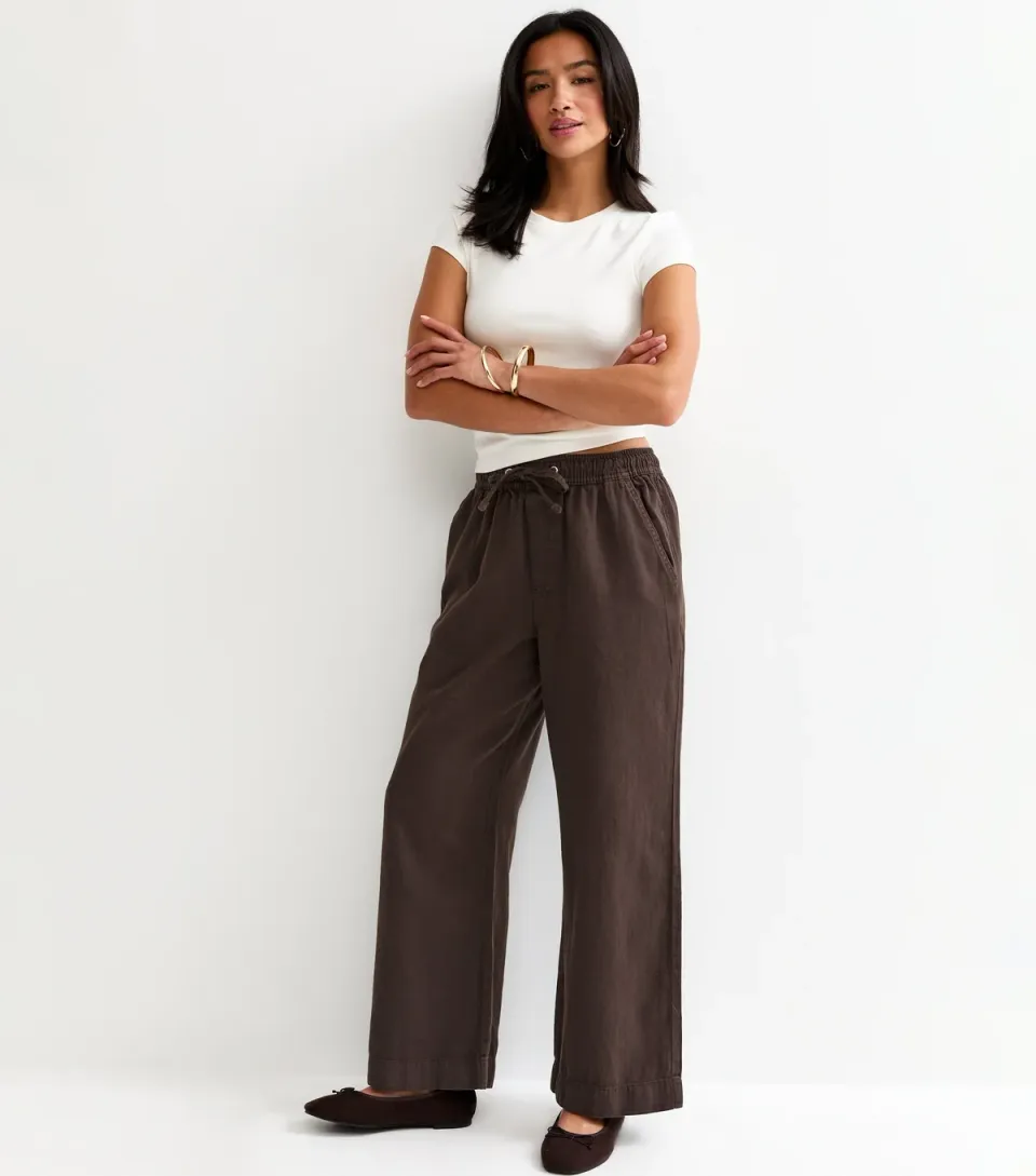 Women's Petite Dark Brown Twill Cotton Wide Leg Trousers