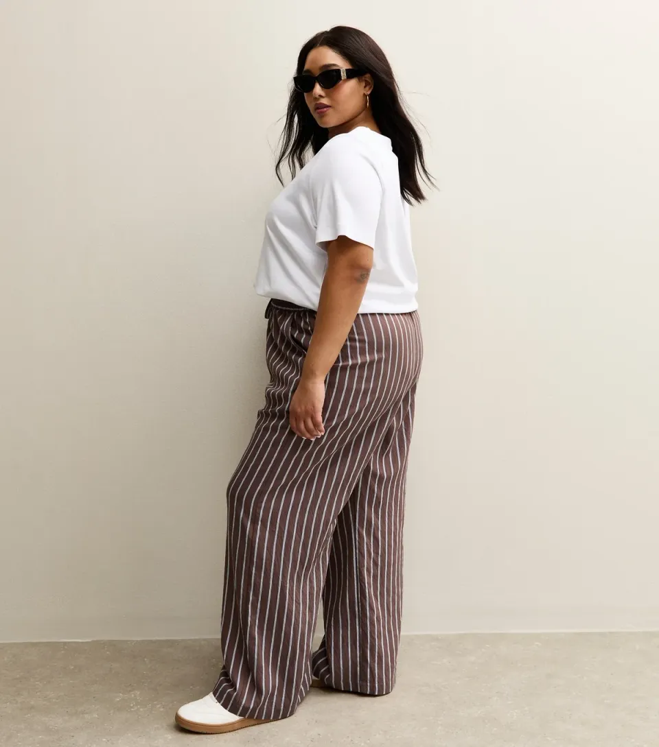 Women's Plus Size Brown Striped Drawstring Wide Leg Trousers Curves