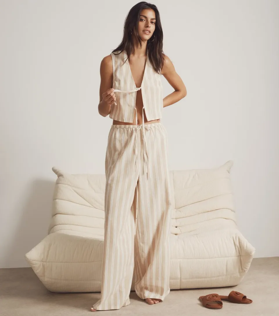 Women's Cream Stripe Print Wide Leg Trousers